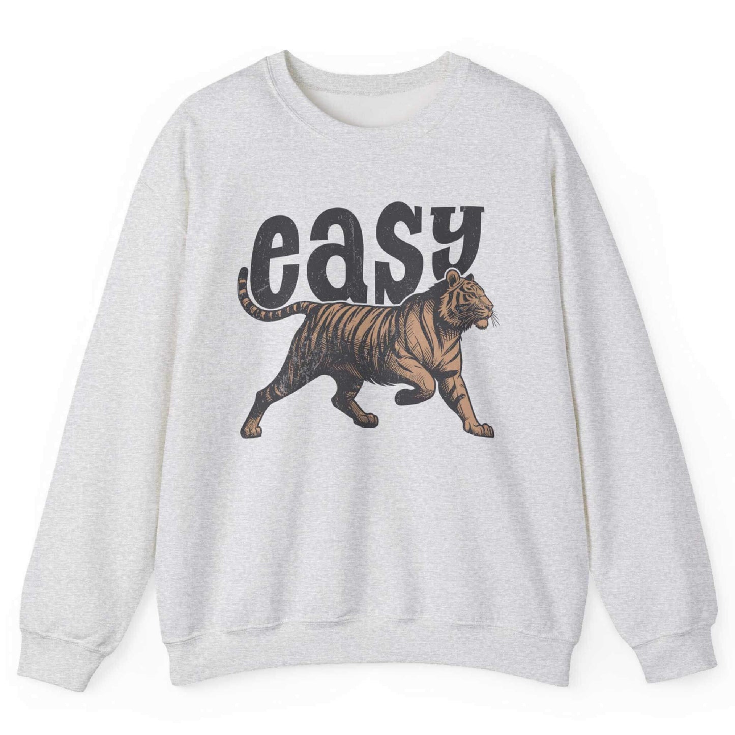 Ash sweatshirt with bold tiger graphic and “Easy” text – front view, by Shirtcasm
