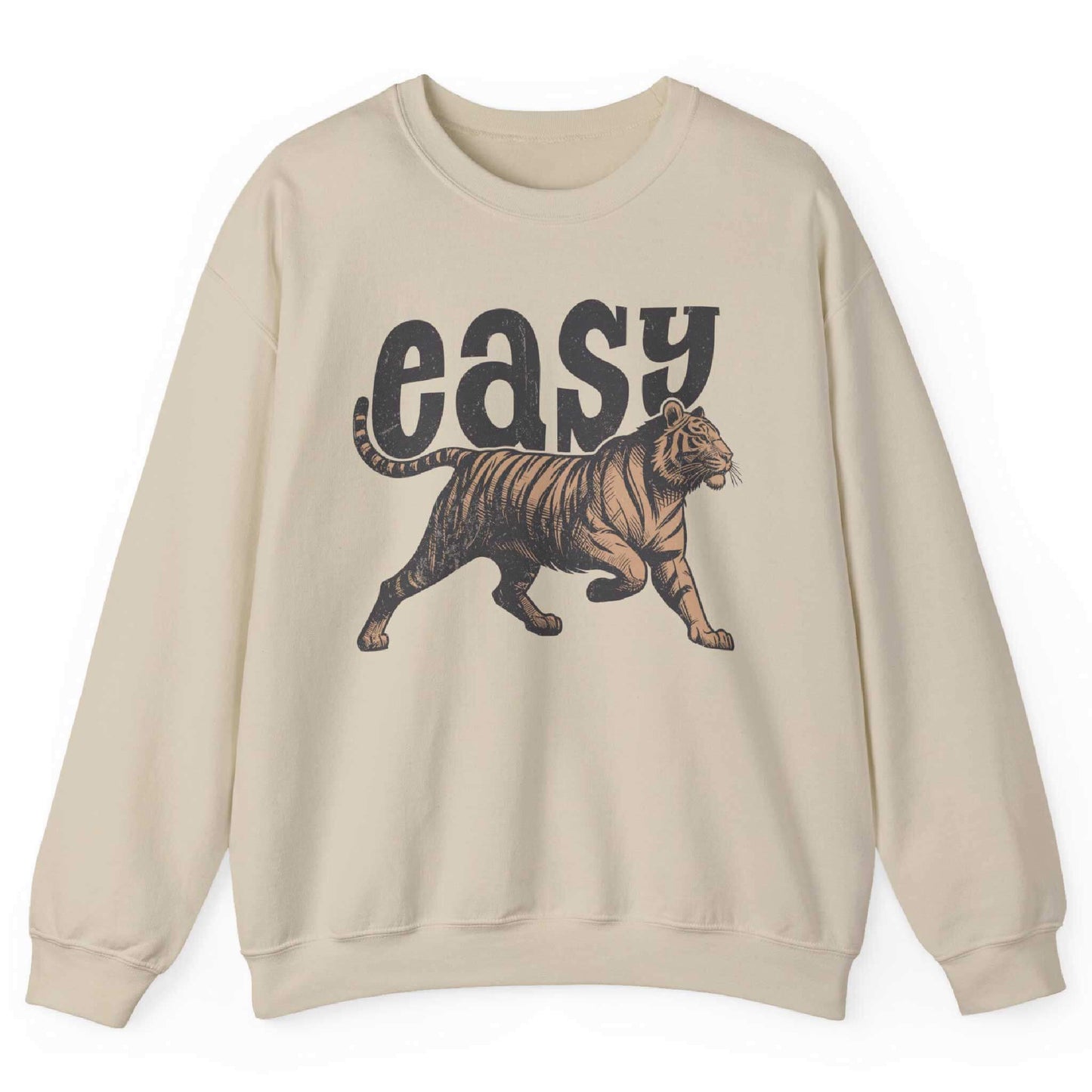 Sand sweatshirt with bold tiger graphic and “Easy” text – front view, by Shirtcasm
