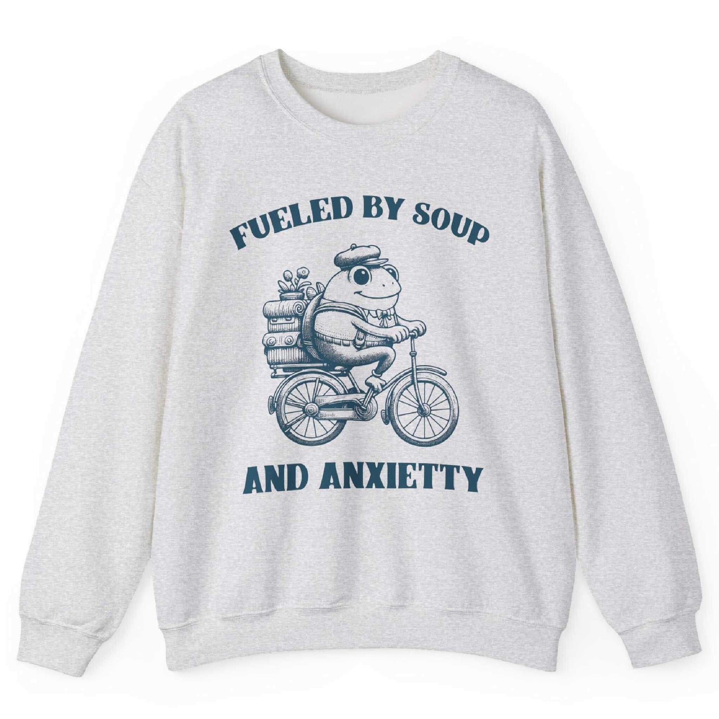 Ash sweatshirt with frog riding bicycle carrying soup cans and “Fueled by Soup and Anxiety” text – front view, by Shirtcasm