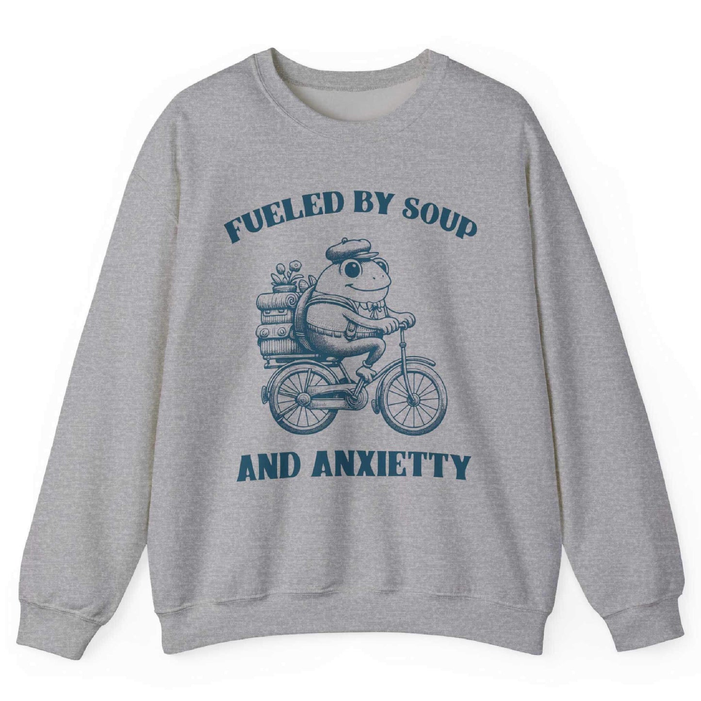 Sport Grey sweatshirt with frog riding bicycle carrying soup cans and “Fueled by Soup and Anxiety” text – front view, by Shirtcasm