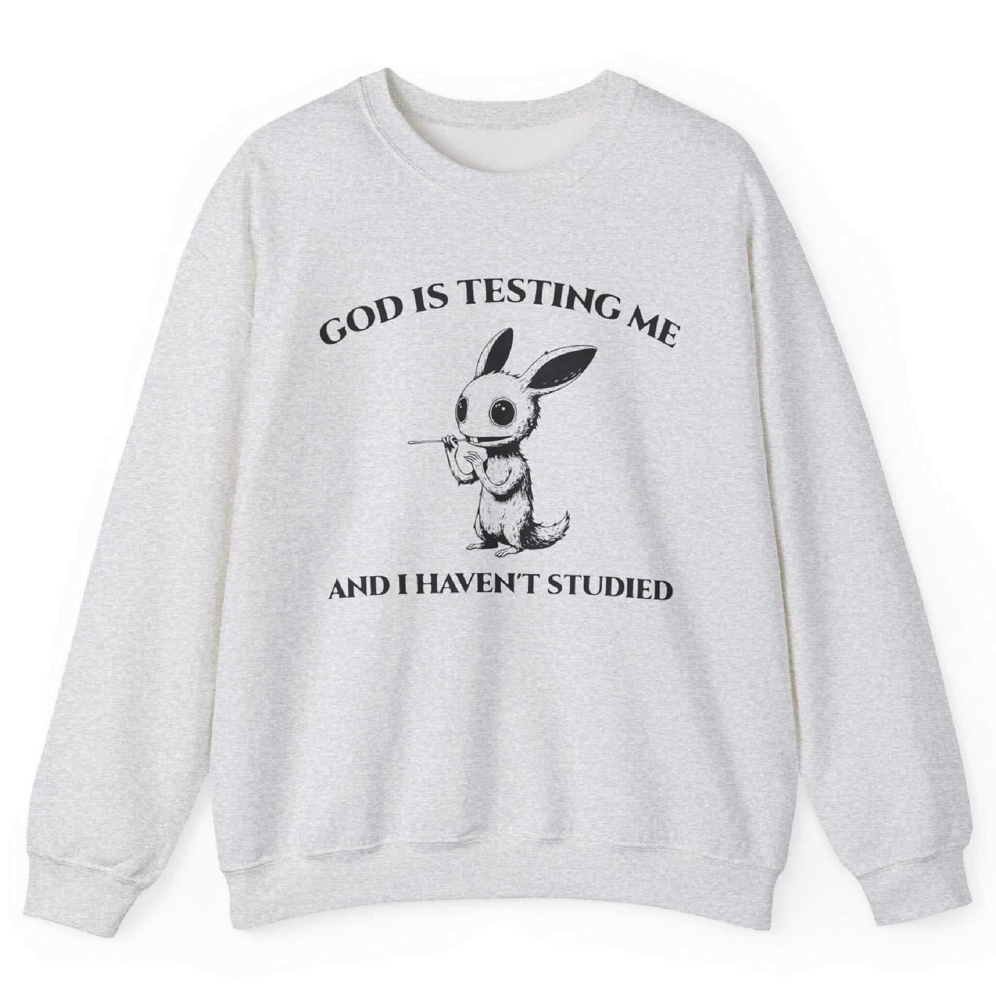 Ash sweatshirt with quirky creature graphic and “God Is Testing Me And I Haven’t Studied” text – front view, by Shirtcasm