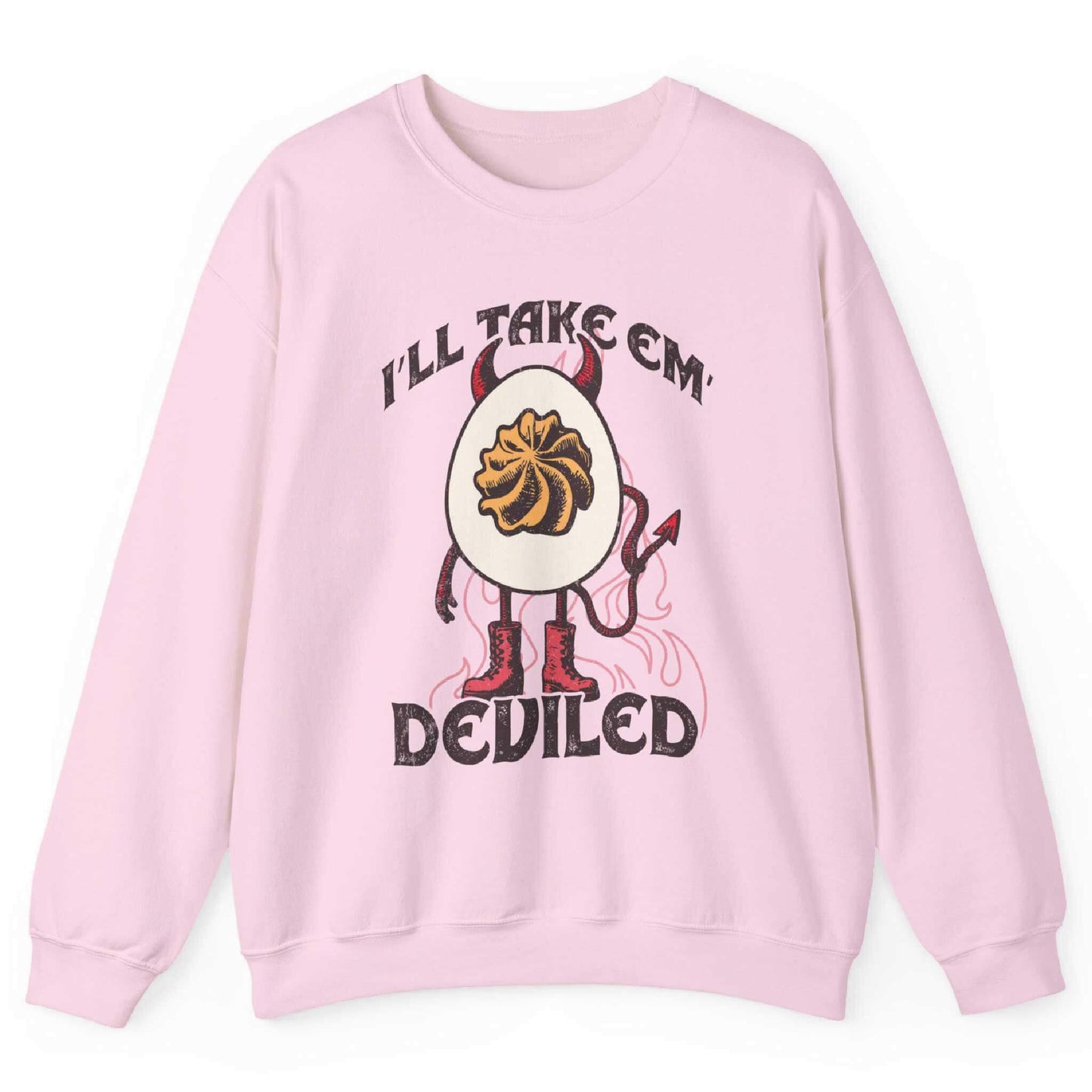 Light Pink sweatshirt with devil egg graphic and “I’ll Take Em Deviled” text – front view, by Shirtcasm