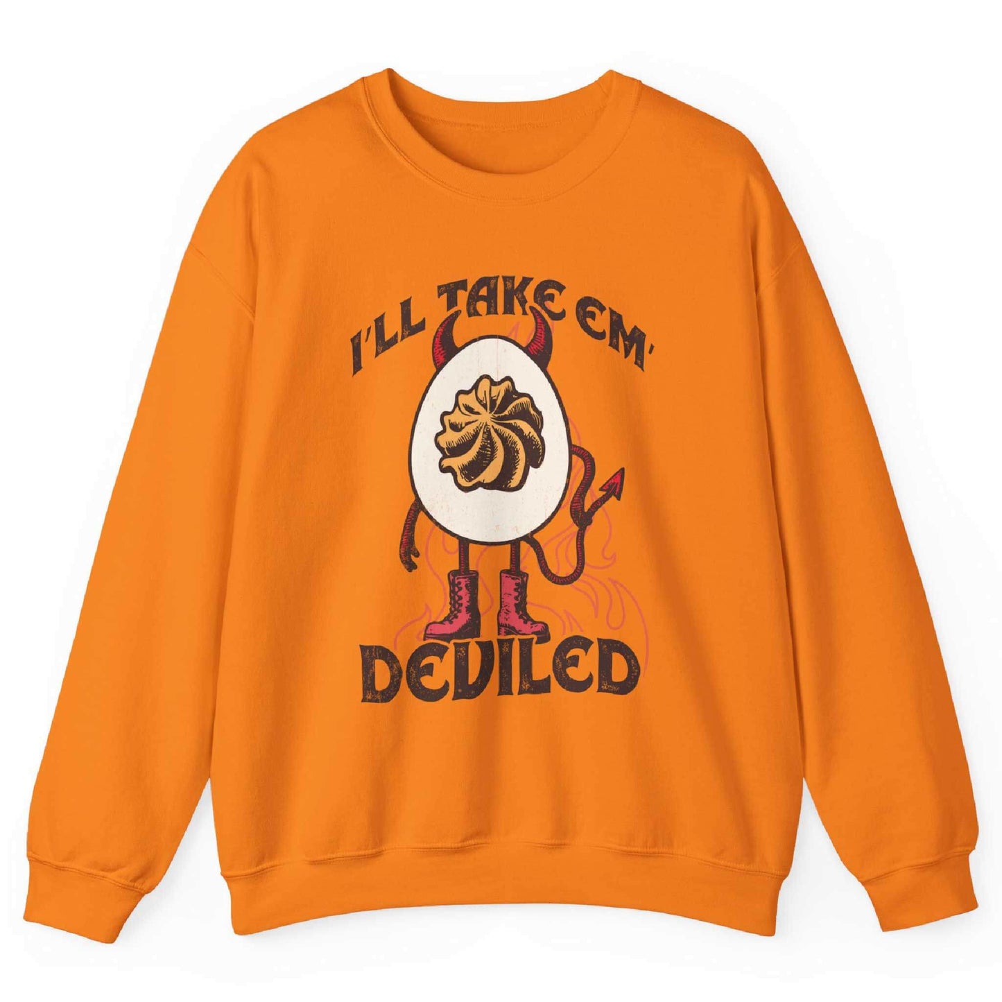 Safety Orange sweatshirt with devil egg graphic and “I’ll Take Em Deviled” text – front view, by Shirtcasm