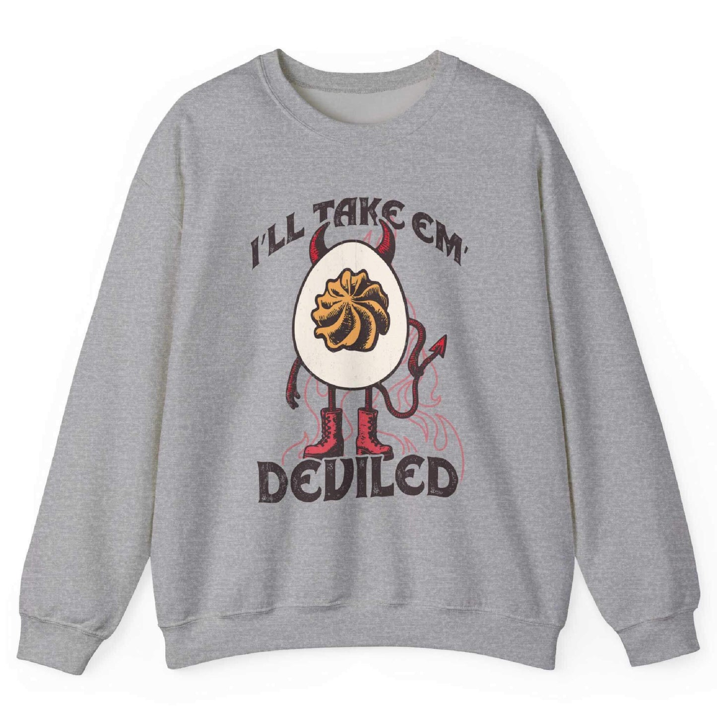 Sport Grey sweatshirt with devil egg graphic and “I’ll Take Em Deviled” text – front view, by Shirtcasm