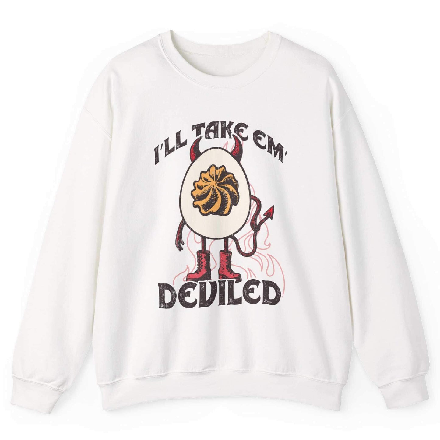 White sweatshirt with devil egg graphic and “I’ll Take Em Deviled” text – front view, by Shirtcasm