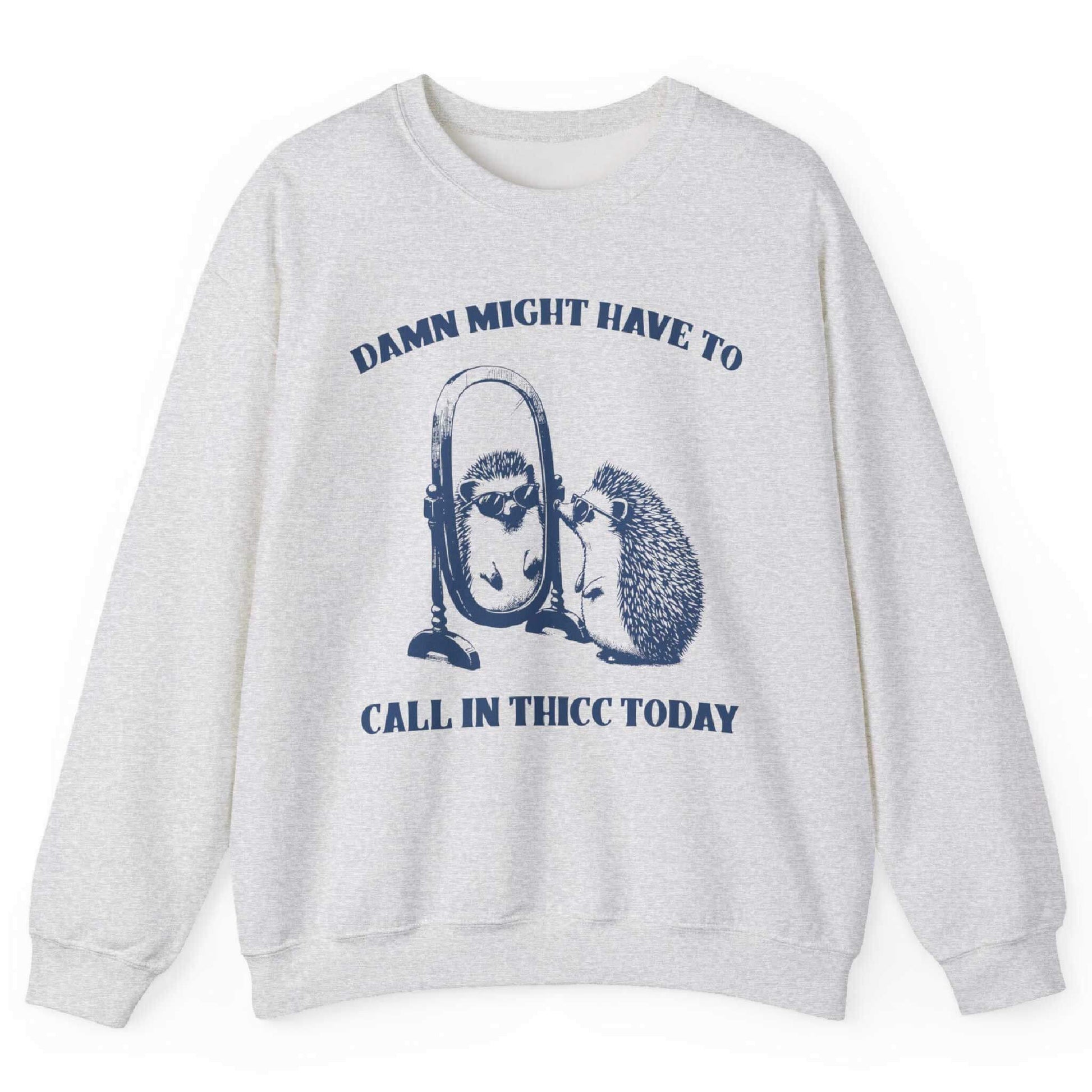 Ash sweatshirt with hedgehog mirror graphic and “Damn Might Have to Call In Thicc Today” text – front view, by Shirtcasm