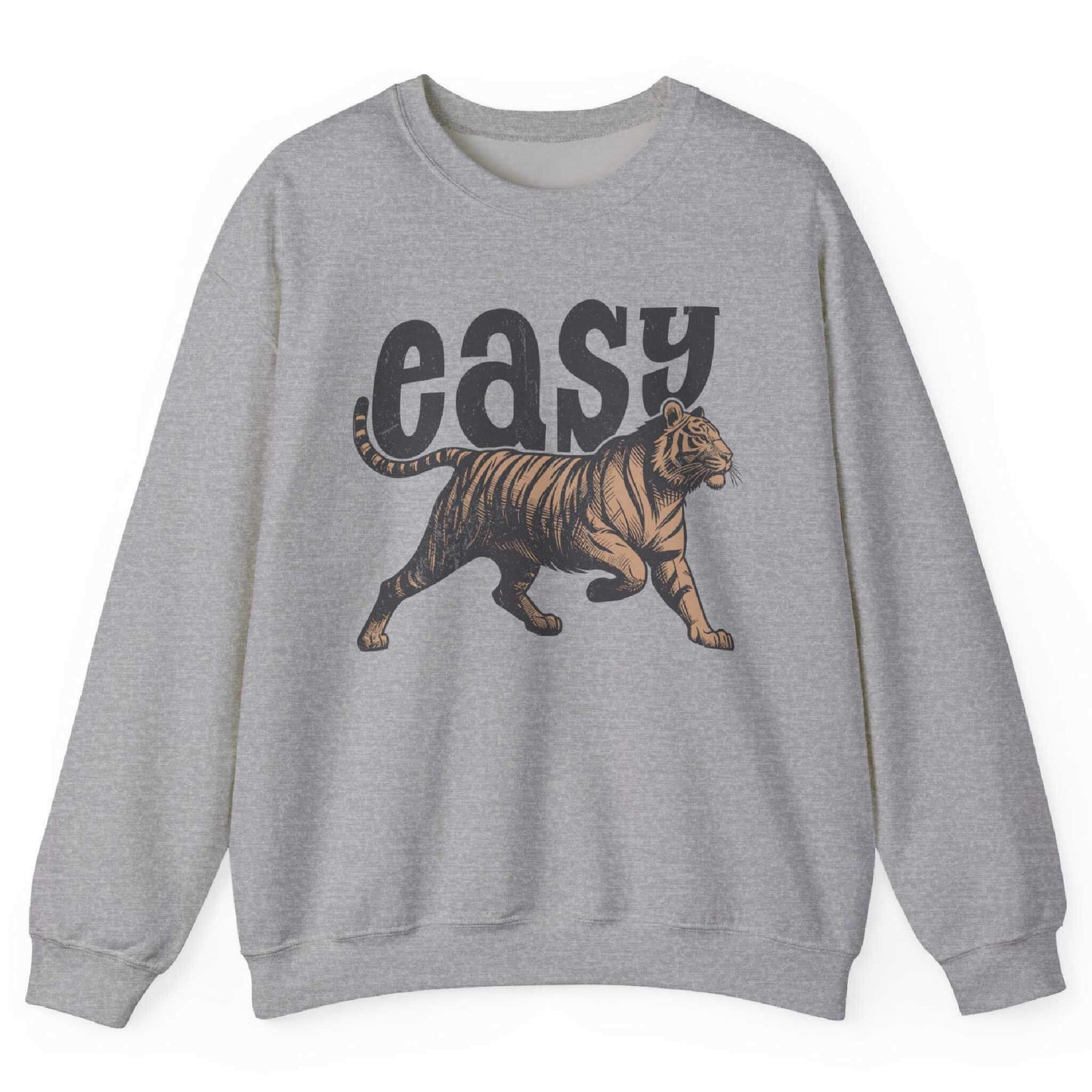 Sport Grey sweatshirt with bold tiger graphic and “Easy” text – front view, by Shirtcasm