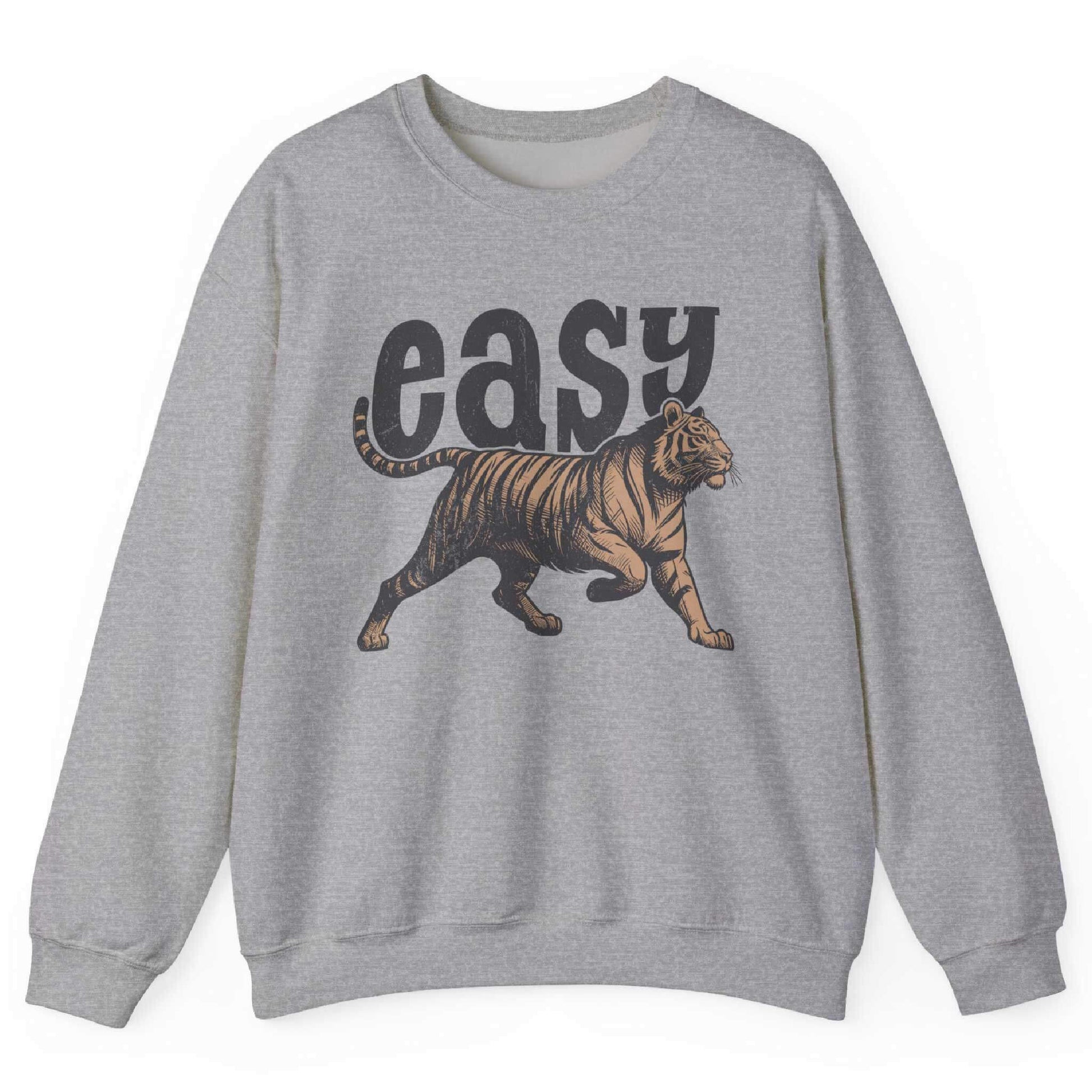 Sport Grey sweatshirt with bold tiger graphic and “Easy” text – front view, by Shirtcasm