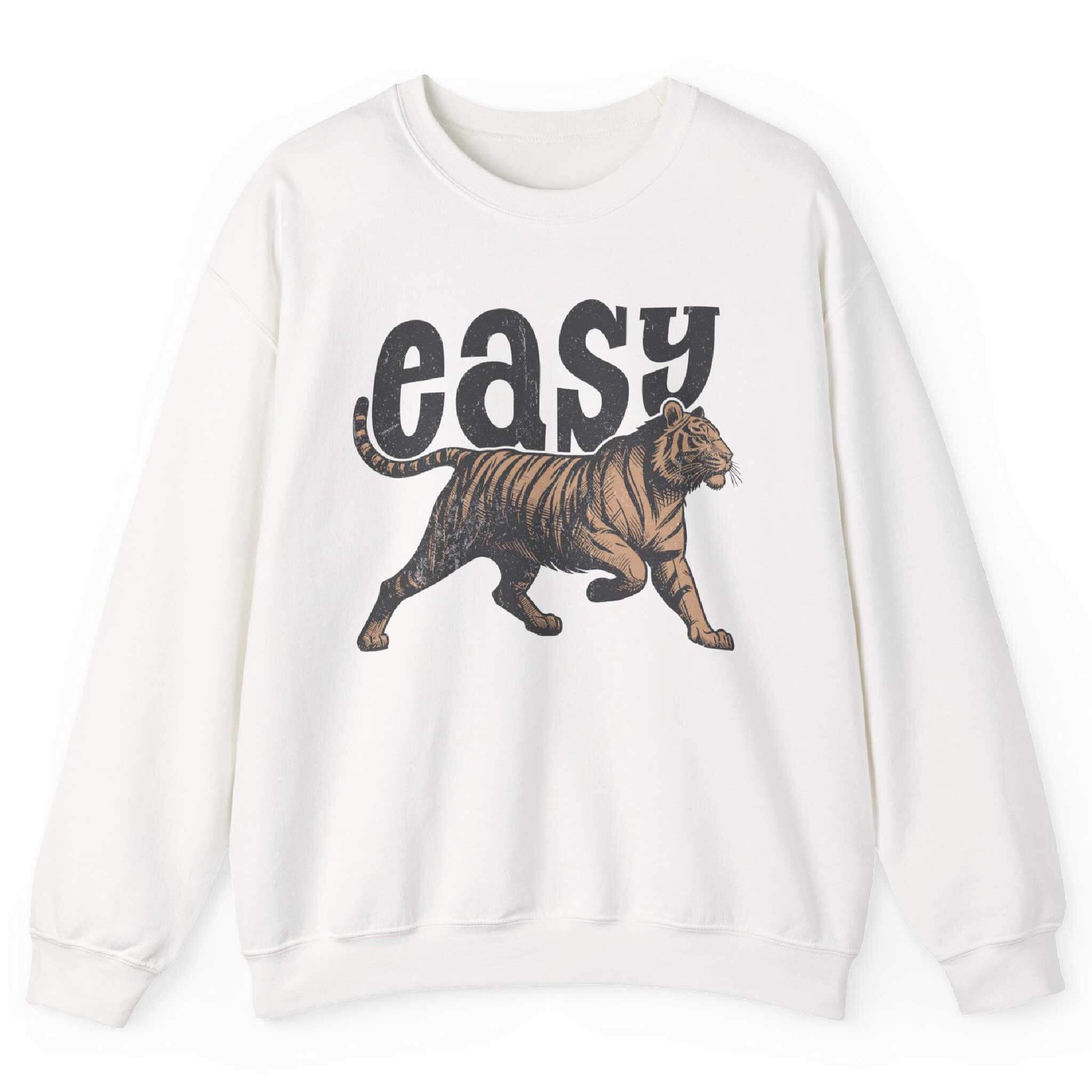 White sweatshirt with bold tiger graphic and “Easy” text – front view, by Shirtcasm