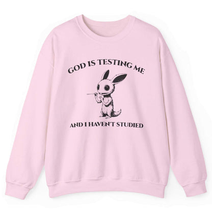 Light pink sweatshirt with quirky creature graphic and “God Is Testing Me And I Haven’t Studied” text – front view, by Shirtcasm