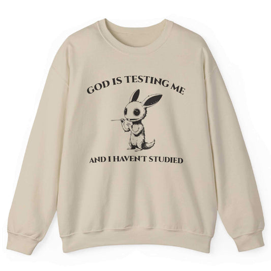 Sand sweatshirt with quirky creature graphic and “God Is Testing Me And I Haven’t Studied” text – front view, by Shirtcasm