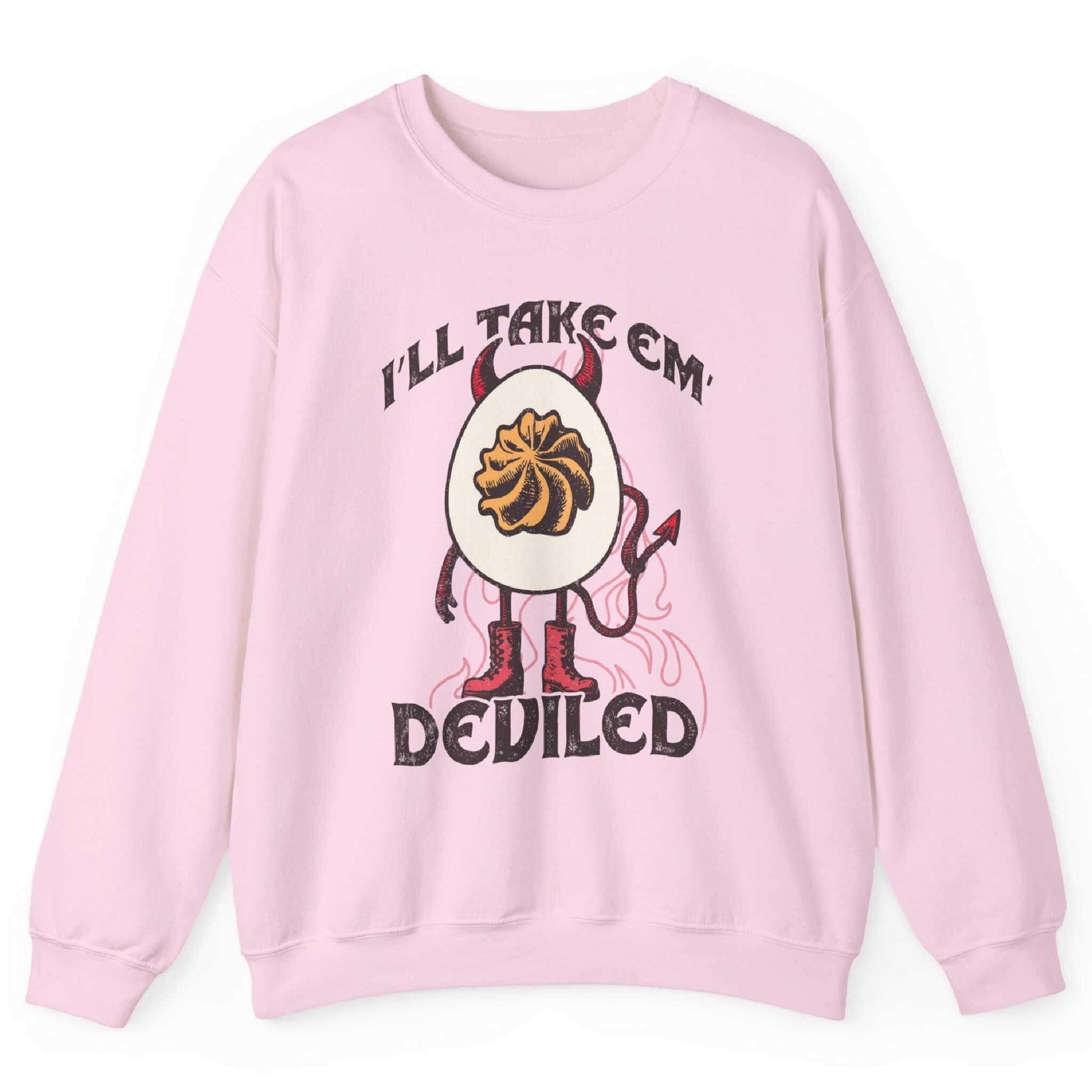 Light Pink sweatshirt with devil egg graphic and “I’ll Take Em Deviled” text – front view, by Shirtcasm