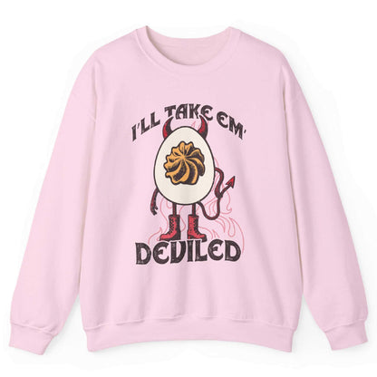 Light Pink sweatshirt with devil egg graphic and “I’ll Take Em Deviled” text – front view, by Shirtcasm