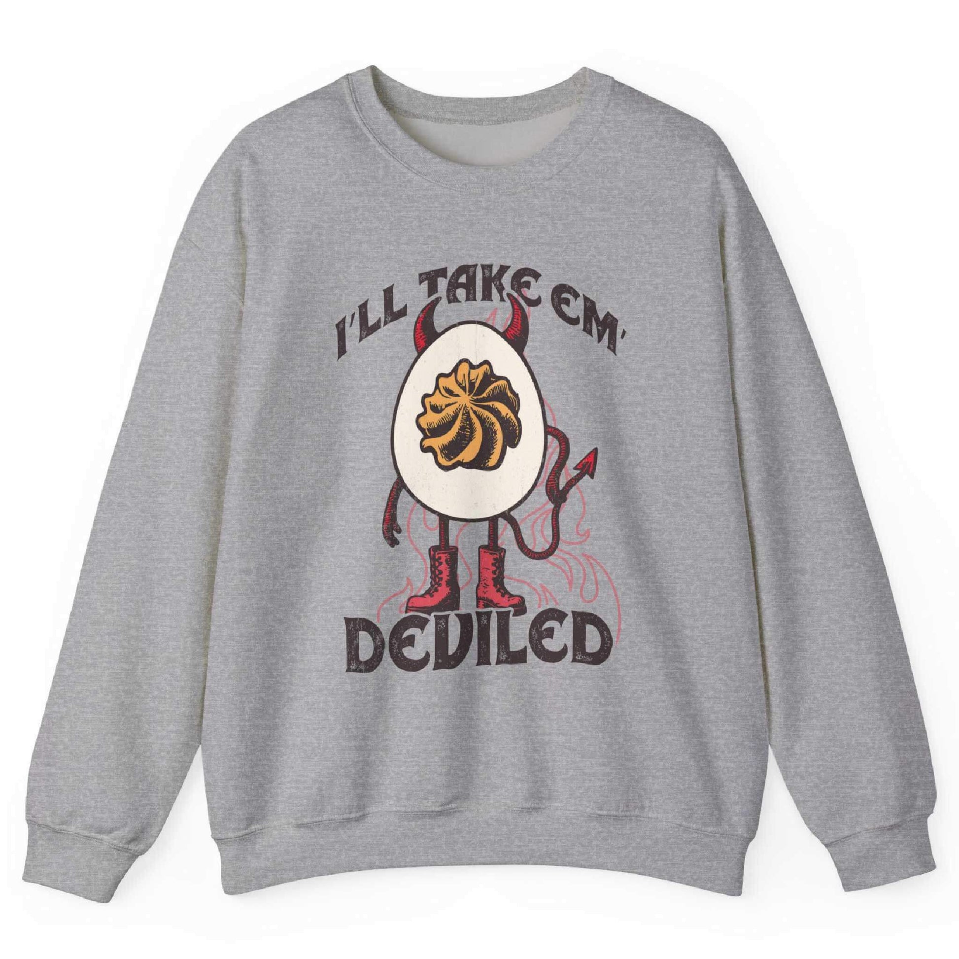 Sport Grey sweatshirt with devil egg graphic and “I’ll Take Em Deviled” text – front view, by Shirtcasm