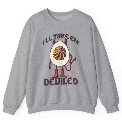 Sport Grey sweatshirt with devil egg graphic and “I’ll Take Em Deviled” text – front view, by Shirtcasm