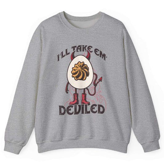 Sport Grey sweatshirt with devil egg graphic and “I’ll Take Em Deviled” text – front view, by Shirtcasm